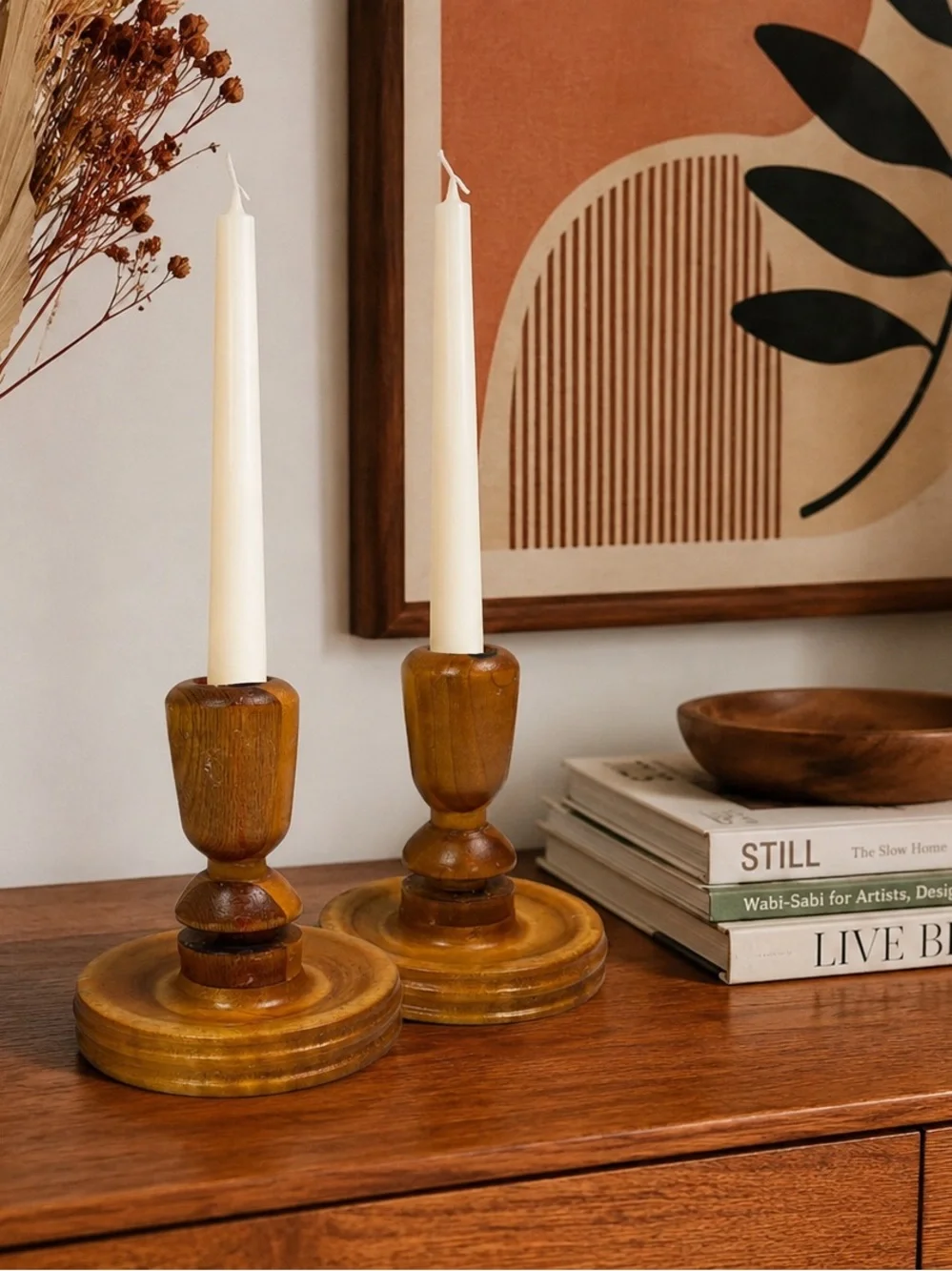 Vintage Turned Wood Candlestick Holders Farmhouse Cottagecore Mid Century Boho